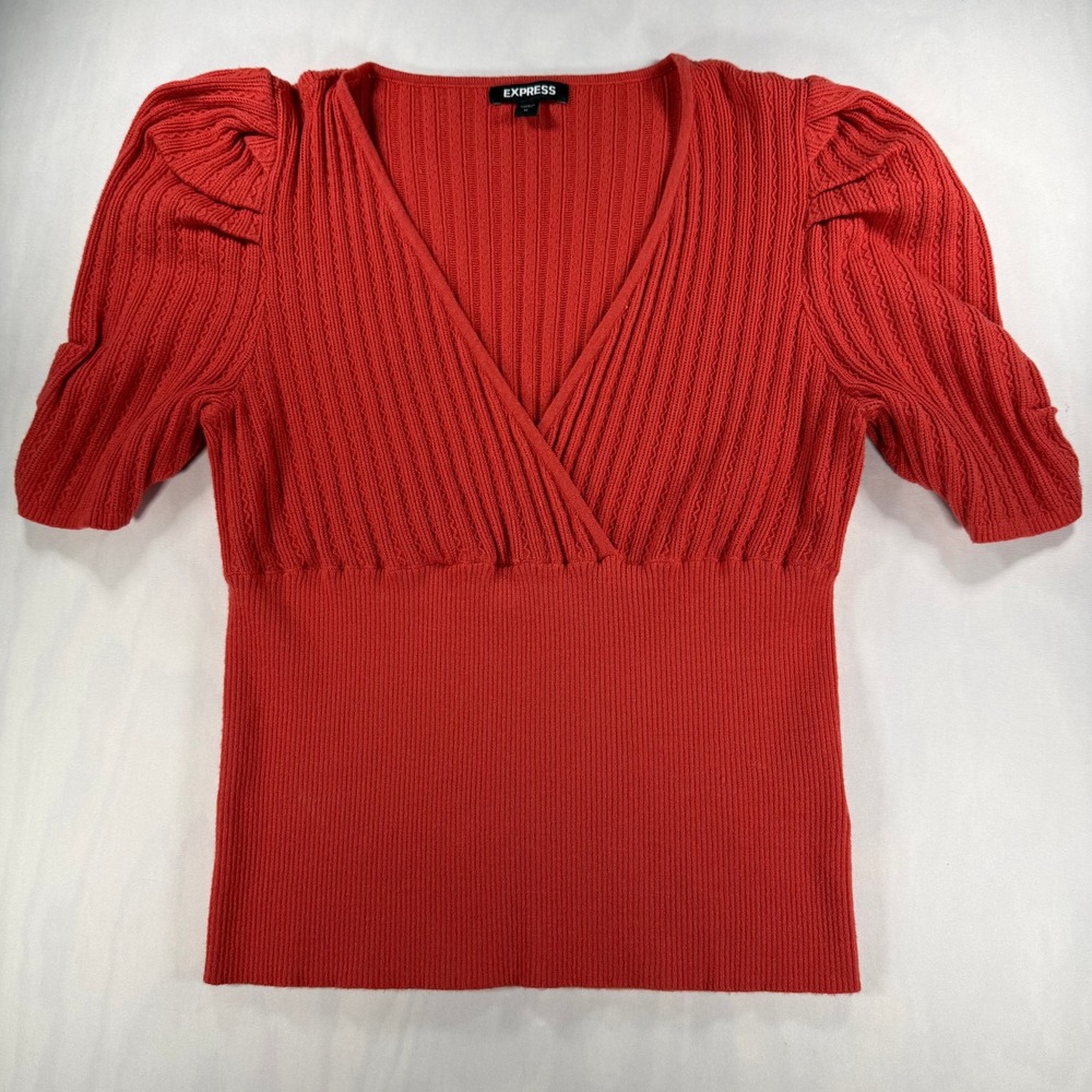 Express Knit Top Women Medium Coral Orange Surplice V-Neck Puff Sleeve Ribbed